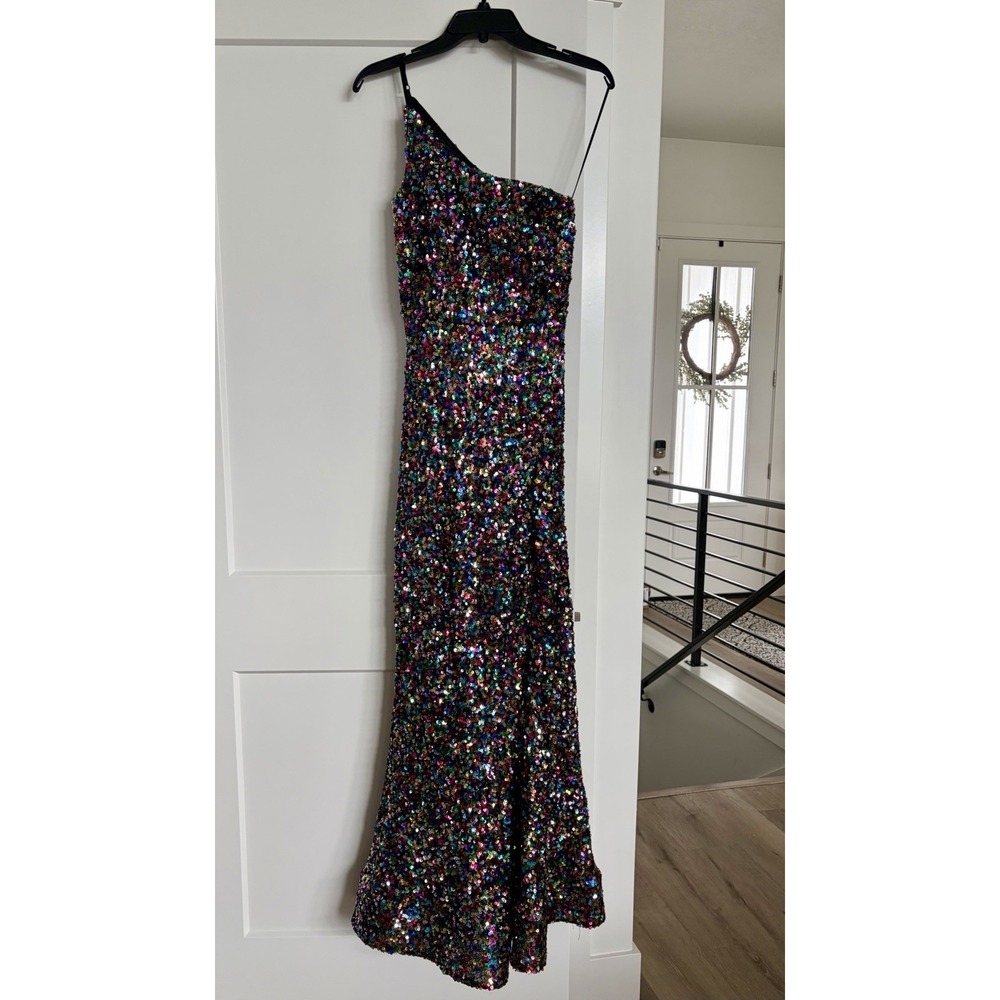 Amelia Couture One Shoulder Multicolor Sequin Maxi Dress Women's Size 8